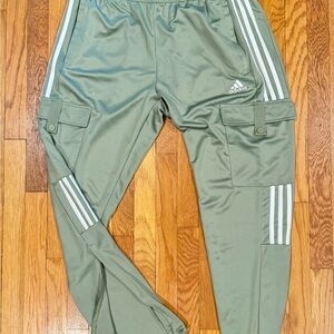 Adidas Sage Green Cargo Joggers with White Stripes